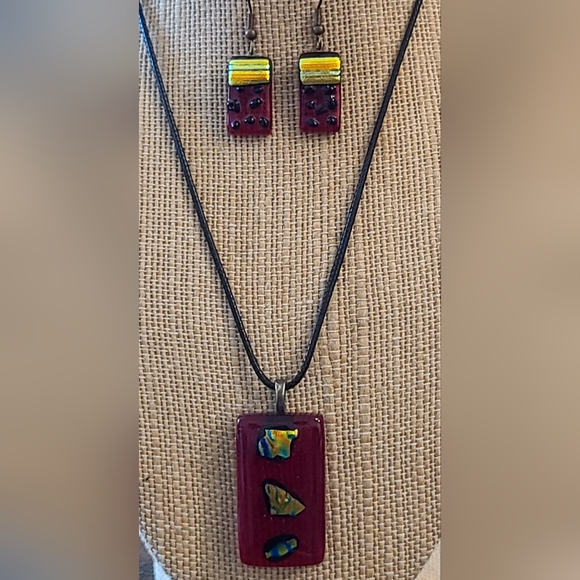VINTAGE 2 PCS SET FUSED GLASS LAMPWORK PENDANT NECKLACE & EARRINGS - Picture 16 of 16